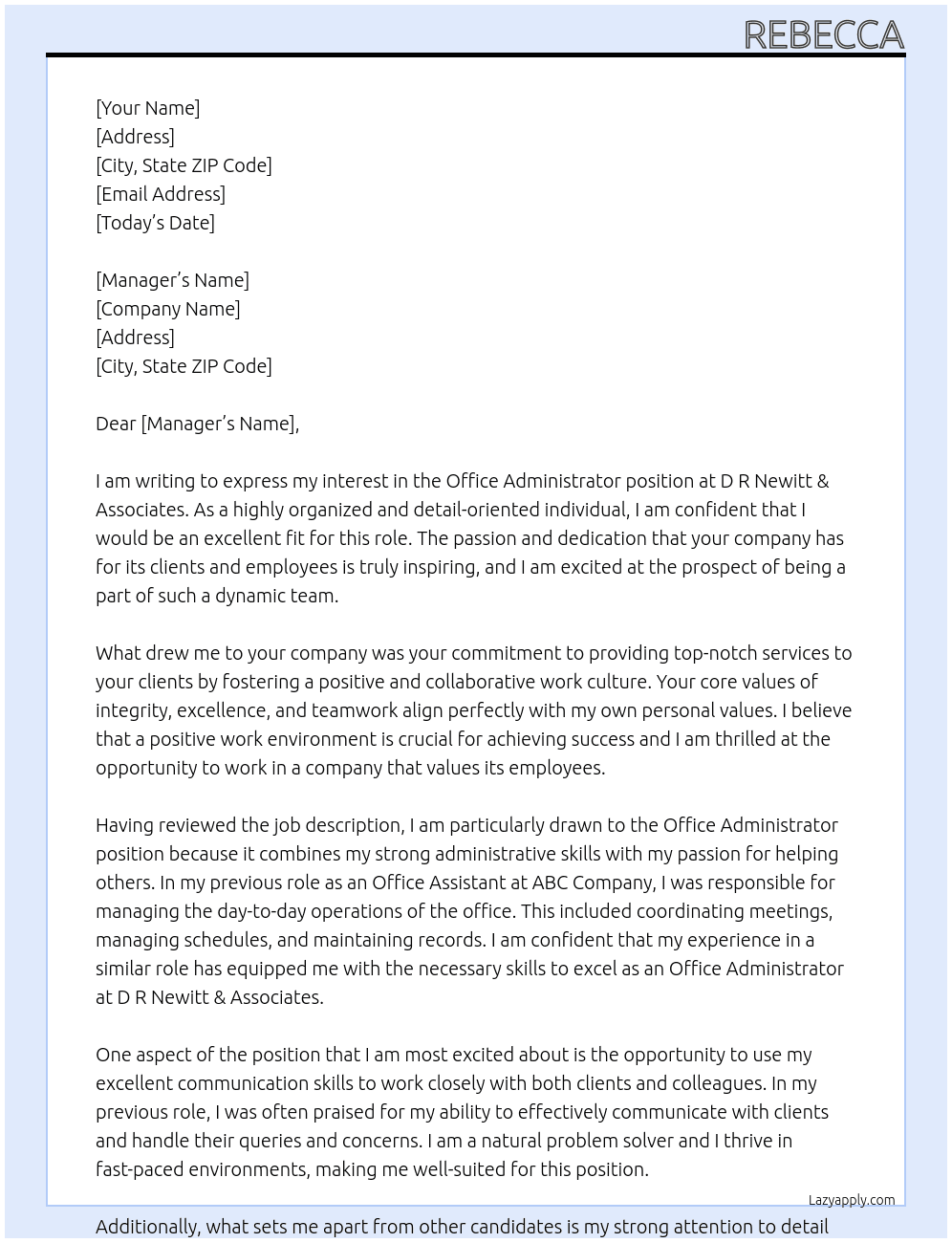 Office Administrator At D R Newitt & Associates Cover Letter