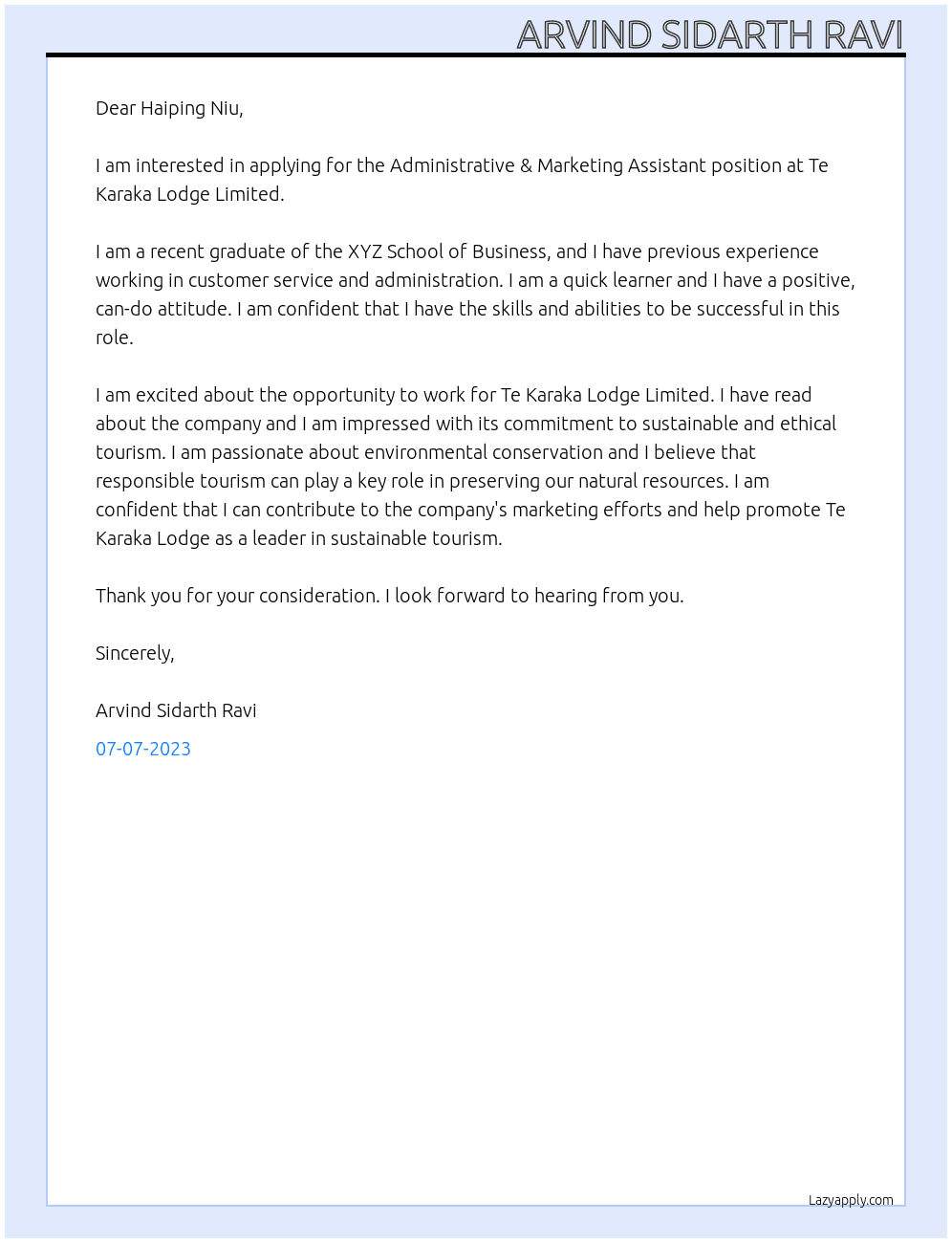 Administrative & Marketing Assistant At Te Karaka Lodge Limited Cover Letter