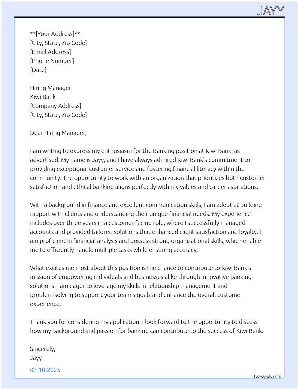 Banking  At Kiwi bank Cover Letter