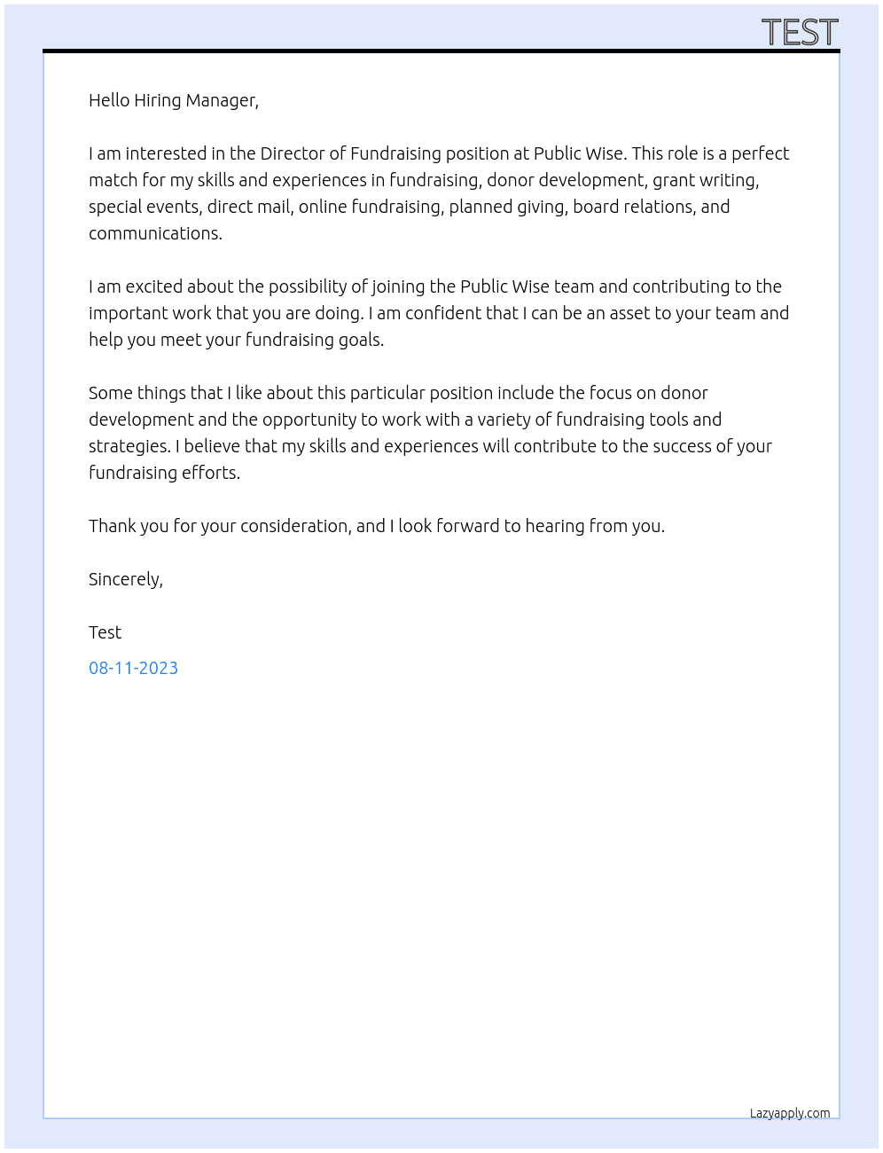 Director of Fundraising At Public Wise Cover Letter