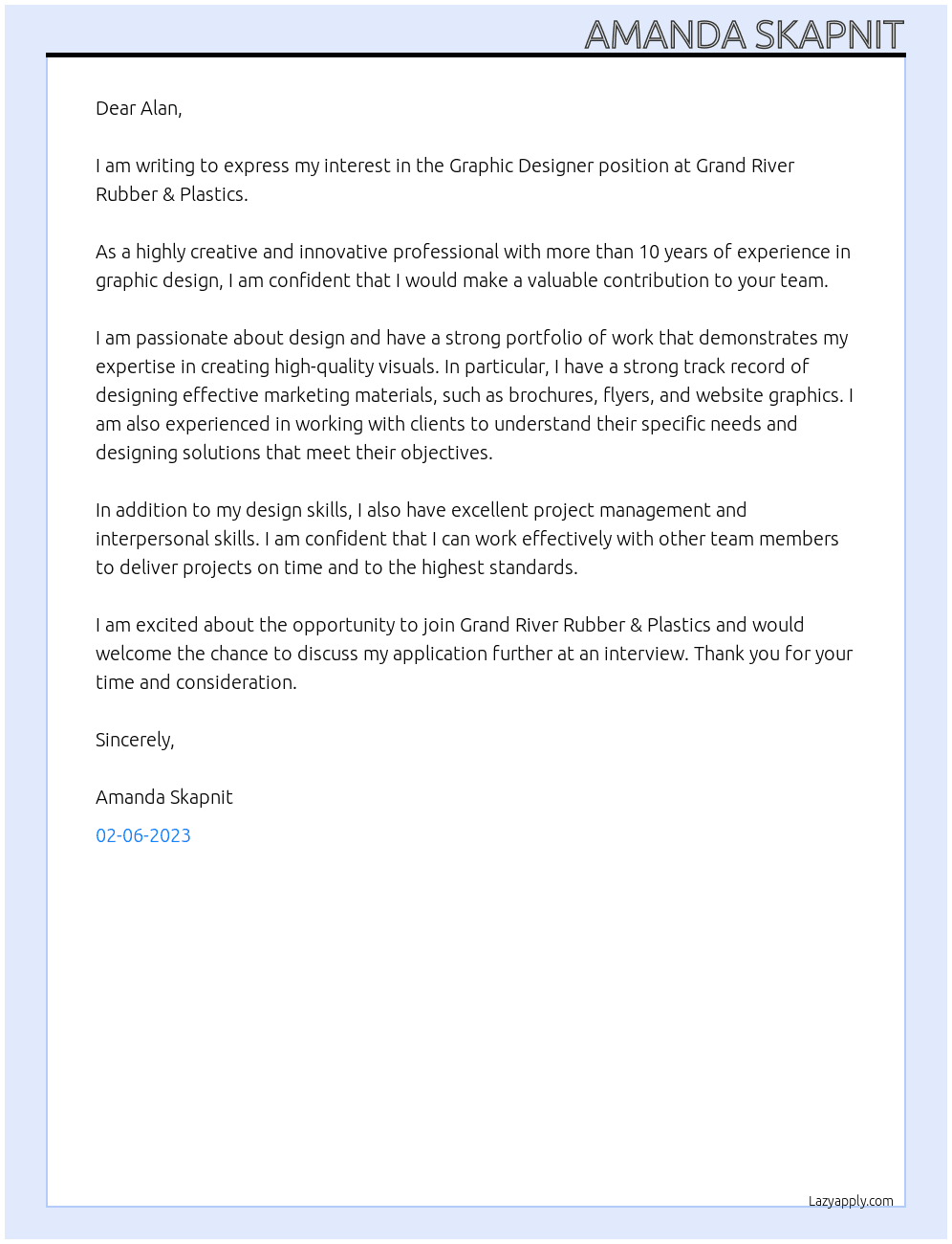 Graphic Designer At Grand River Rubber & Plastics Cover Letter