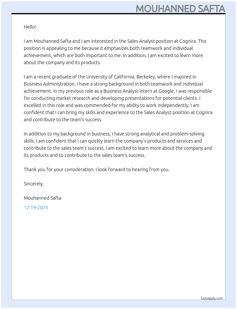Sales  analyst At Cognira Cover Letter
