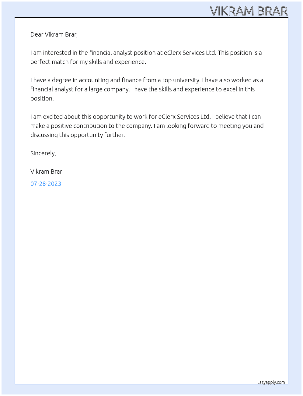 Financial Analyst At eClerx Services Ltd. Cover Letter