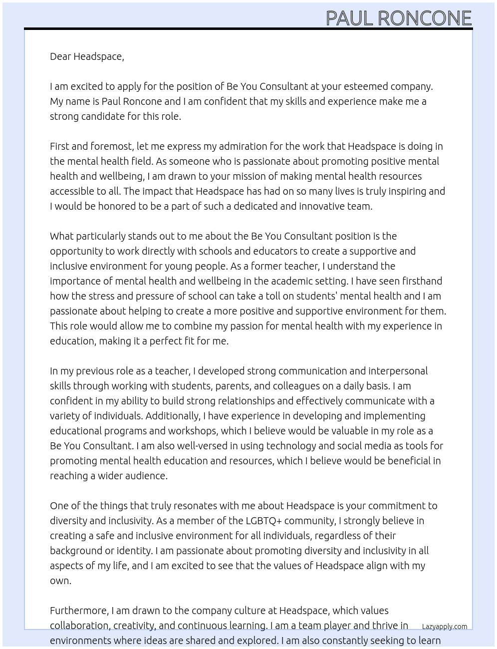 Be You Consultant At  Headspace  Cover Letter
