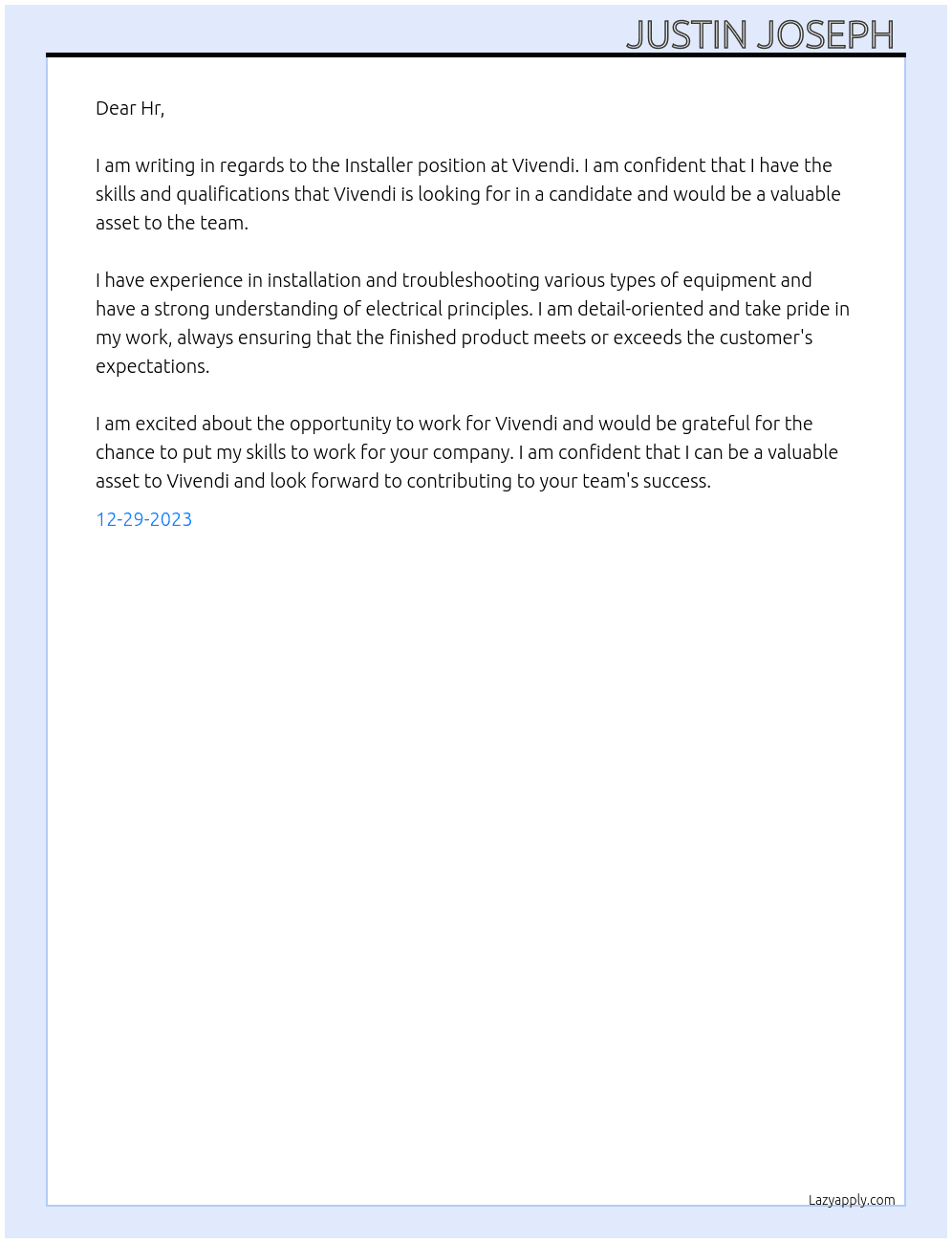 Installer  At Vivendi Cover Letter