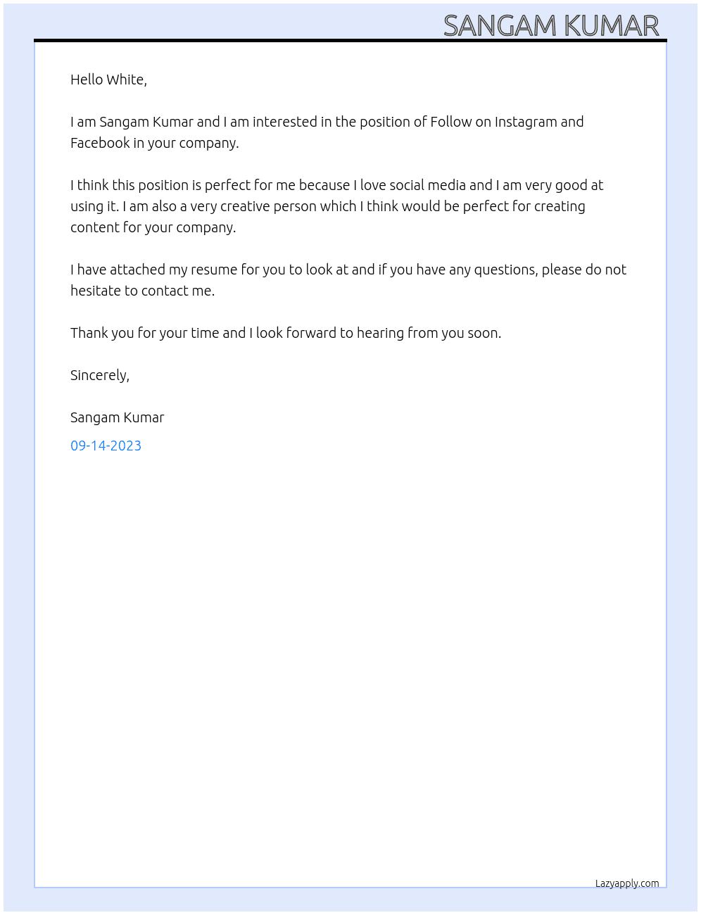 Follow on Instagram and Facebook  At Coming Soon  Cover Letter
