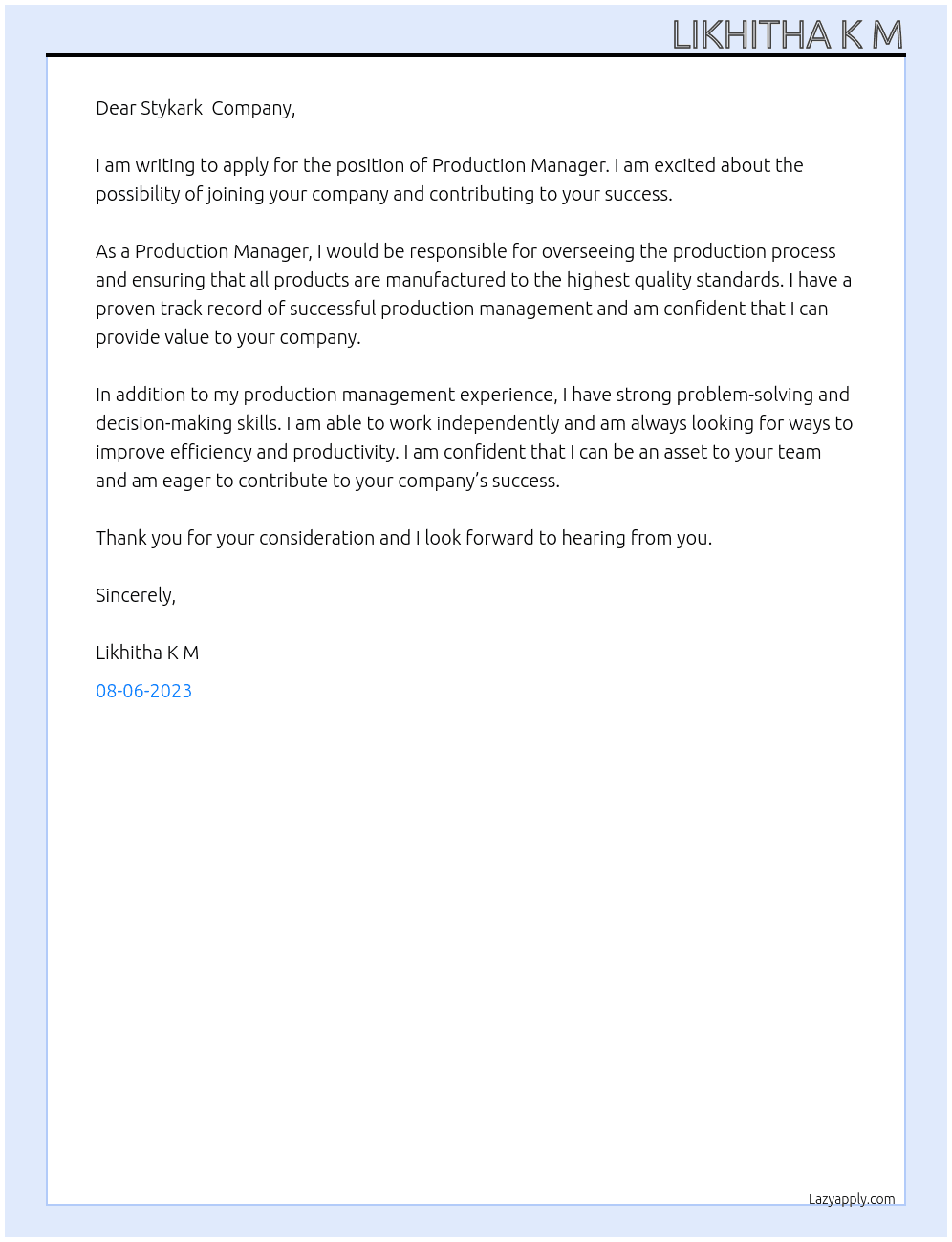 Production Manager At Stykark  Company, Bangalore Cover Letter