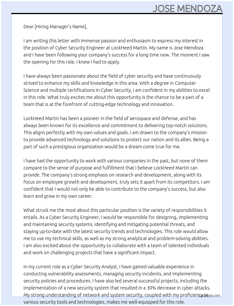 Cyber Security Engineer At LockHeed Martin Cover Letter