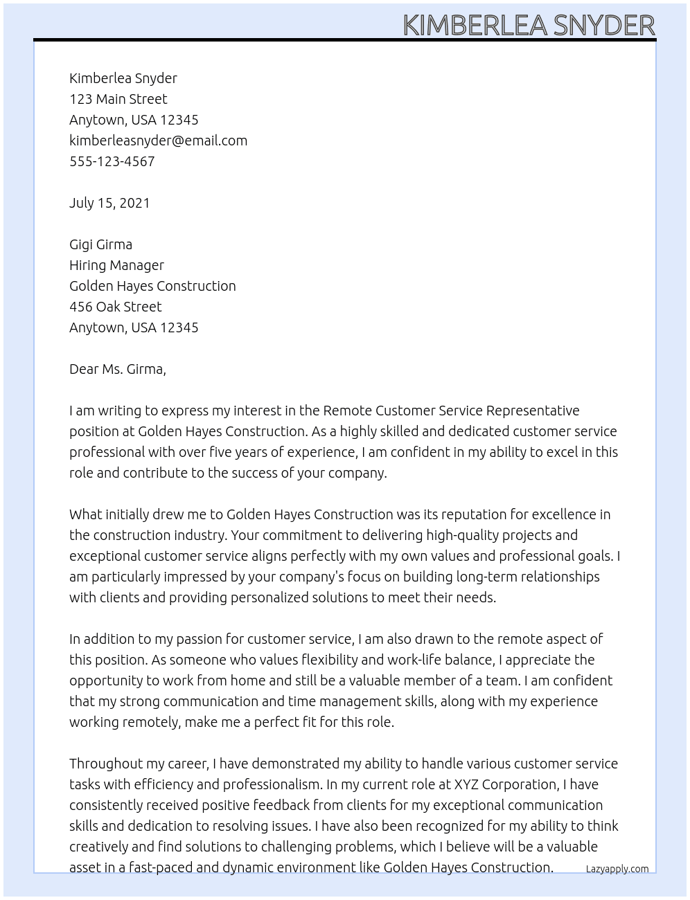 Remote Customer Service Representative At golden Hayes Construction Cover Letter