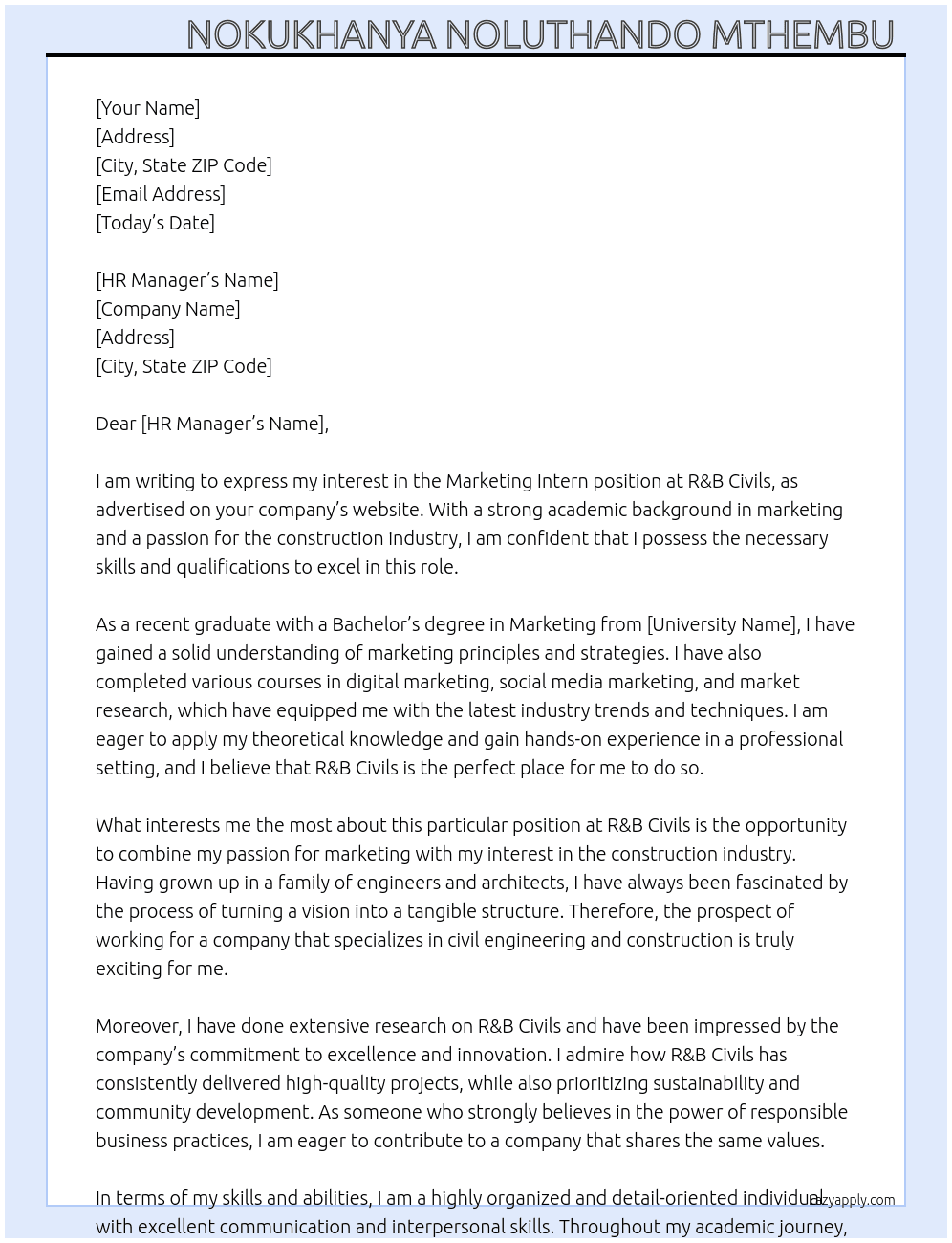 Marketing Intern  At R&B Civils Cover Letter