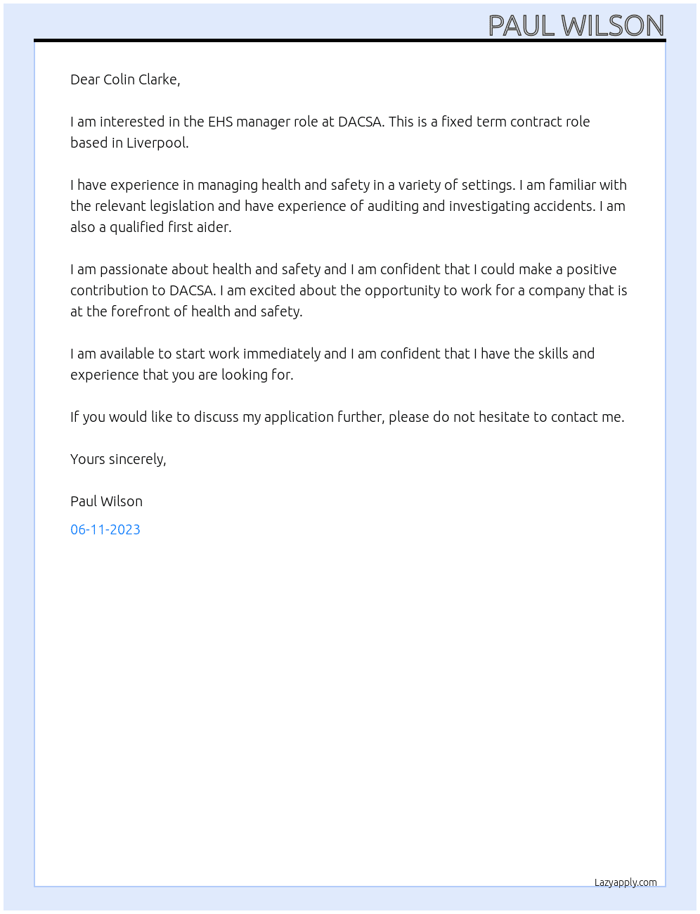 EHS manager  At DACSA Cover Letter
