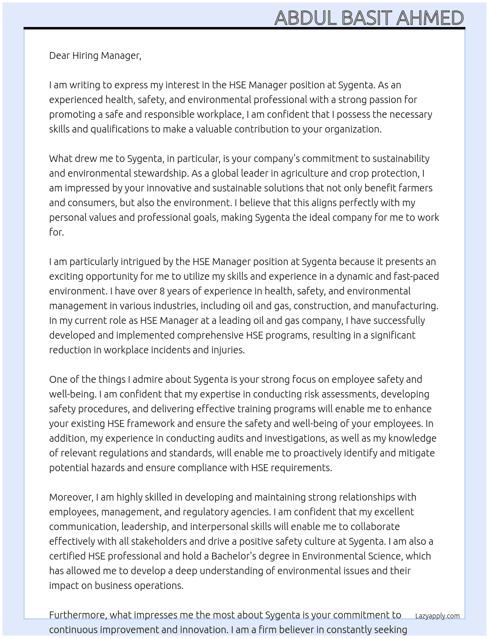 HSE Manager At Sygenta Cover Letter
