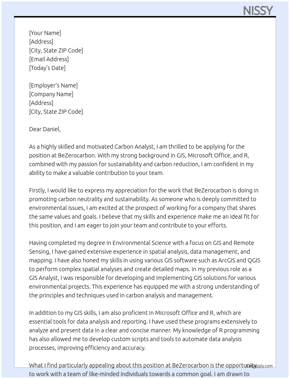 Carbon analyst  At BeZerocarbon Cover Letter