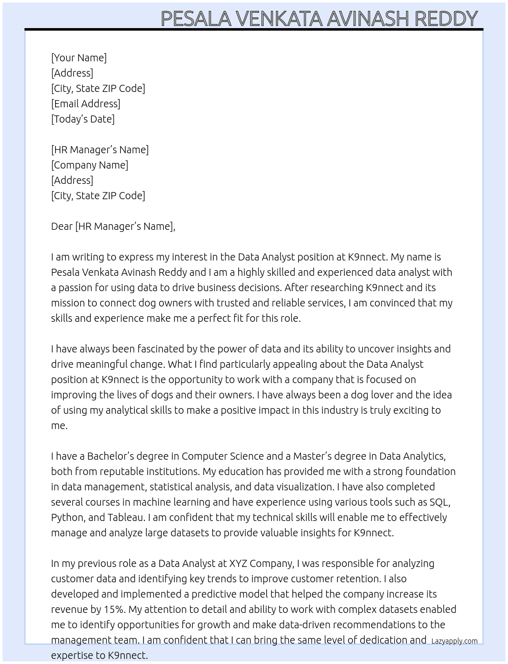 Data Analyst  At K9nnect Cover Letter