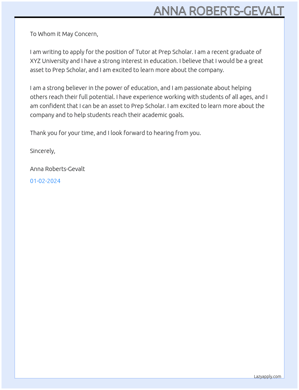 Tutor At Prep Scholar Cover Letter
