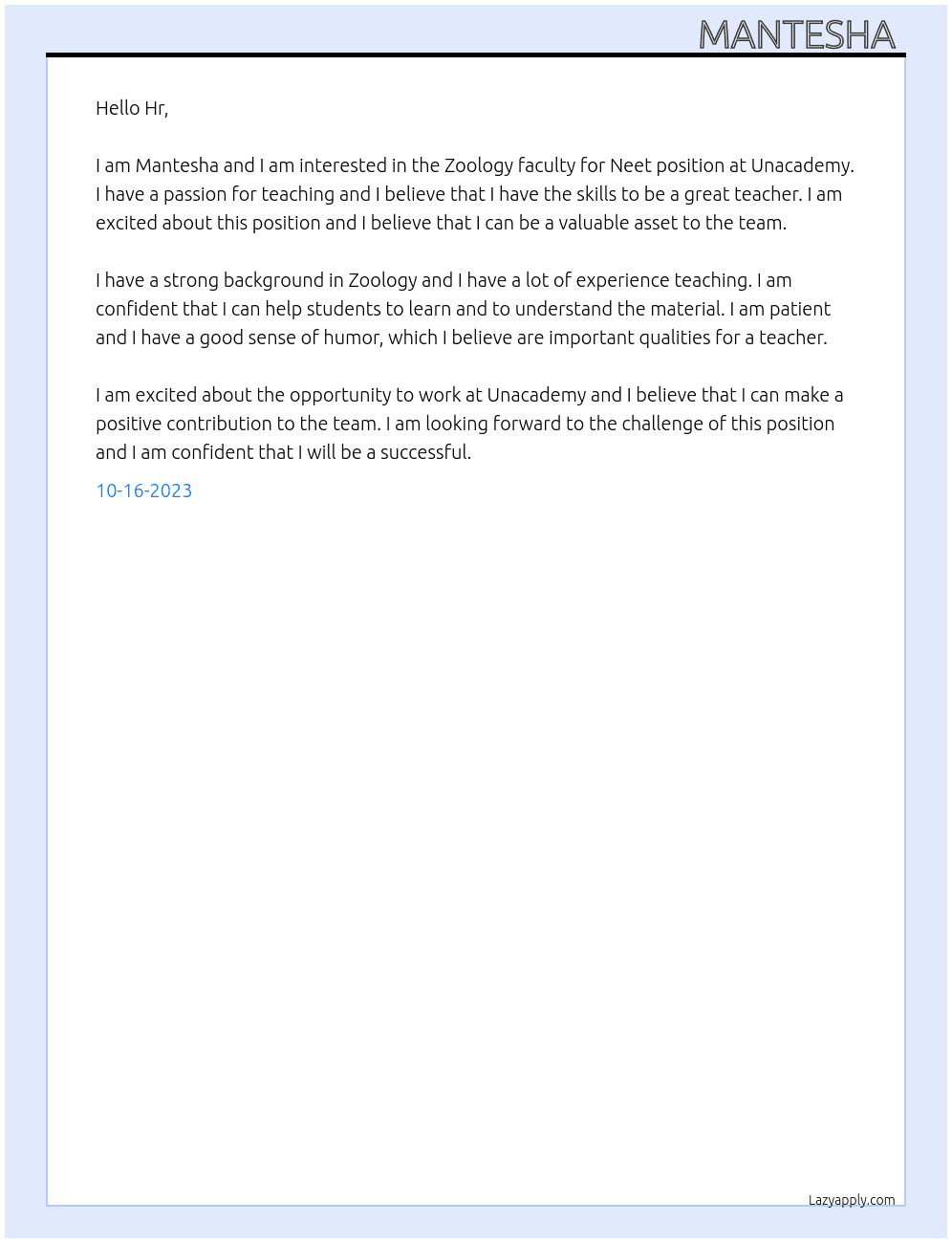 Zoology faculty for Neet  At Unacademy  Cover Letter