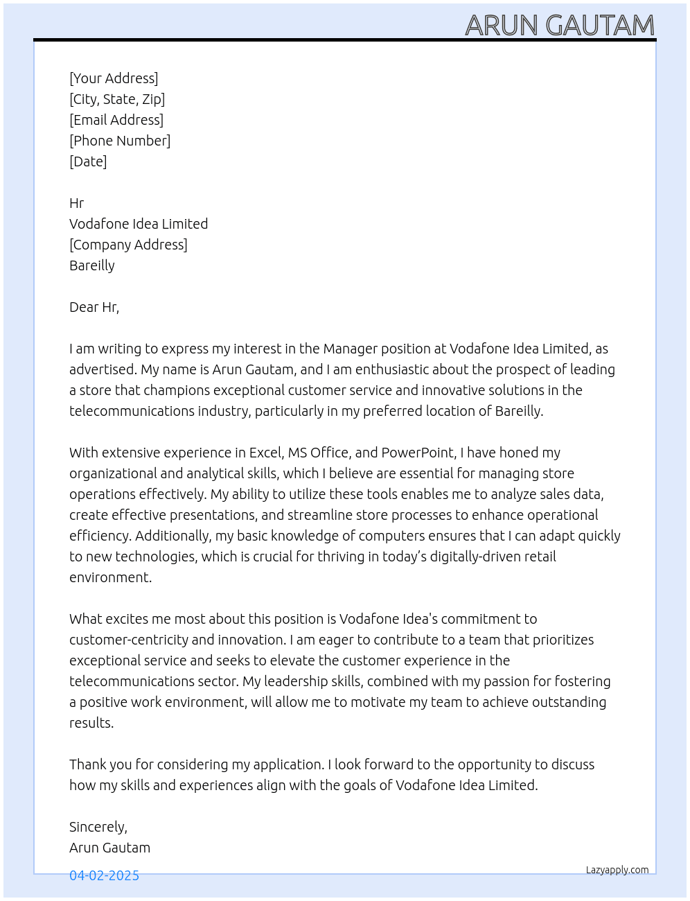 Manager vi store At Vodafone idea limited  Cover Letter
