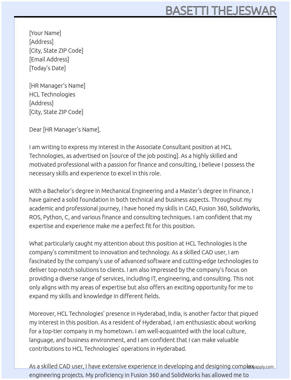 Associate Consultant At HCL Technologies Cover Letter