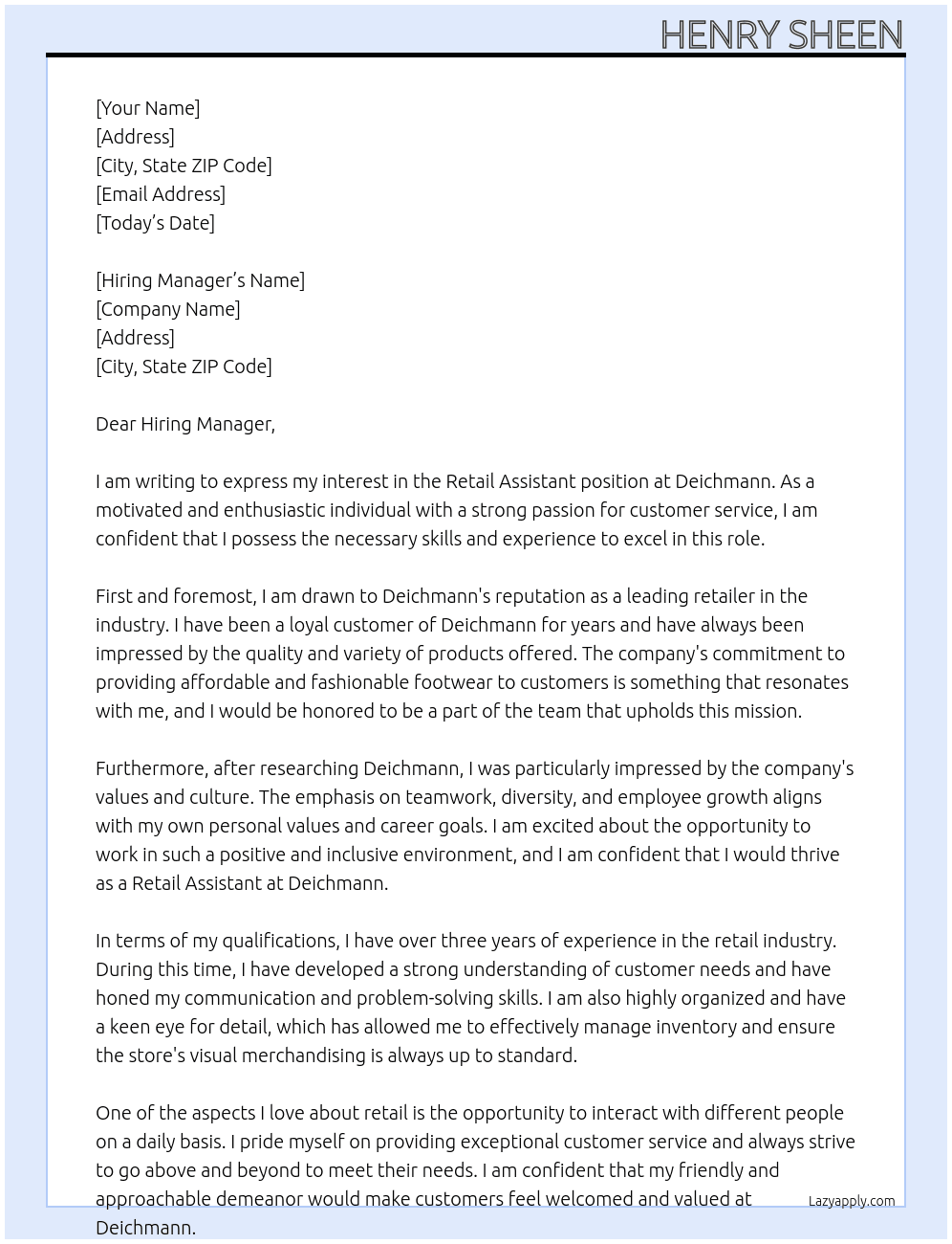 retail assitant At deichmann Cover Letter