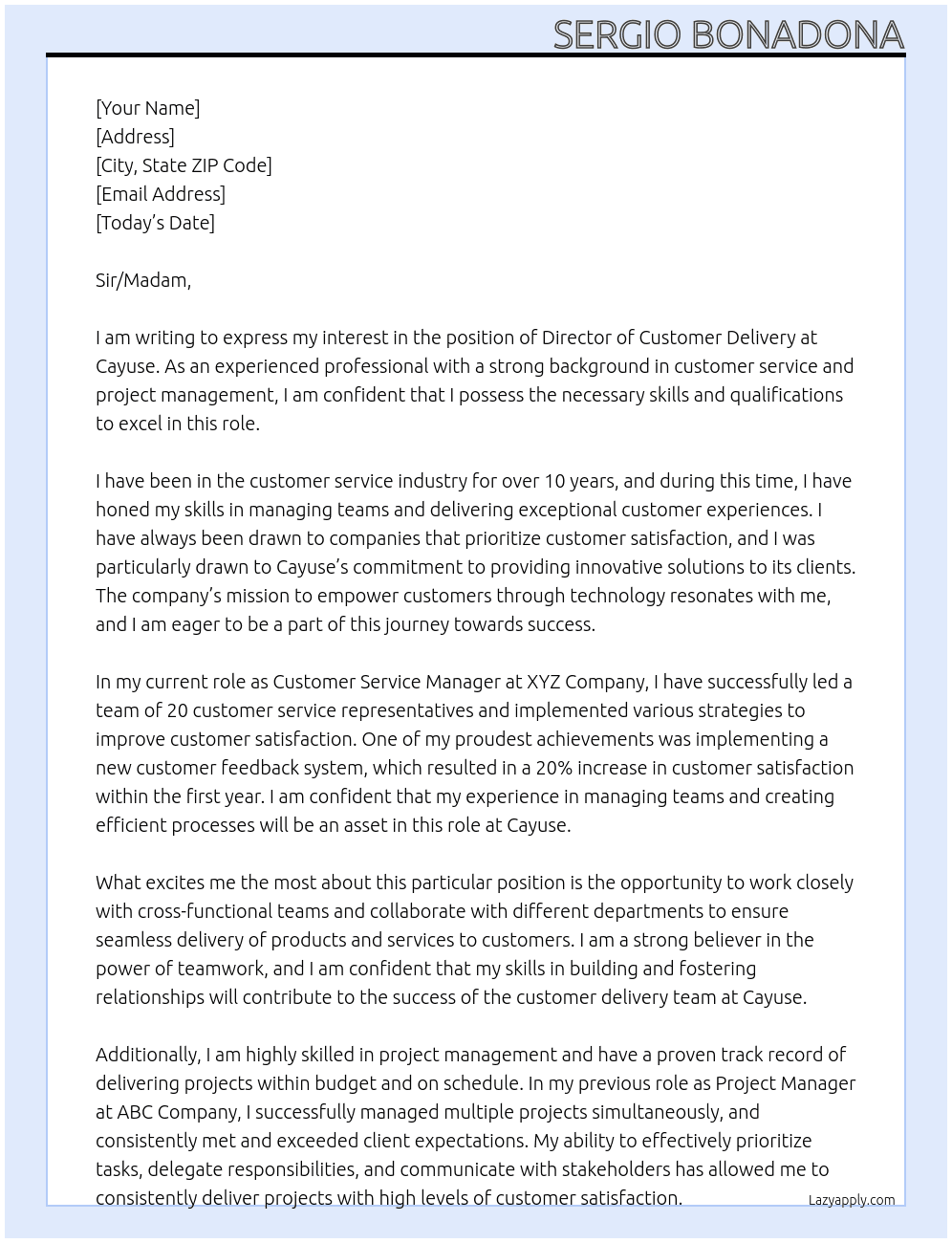 Director of Customer Delivery At Cayuse Cover Letter