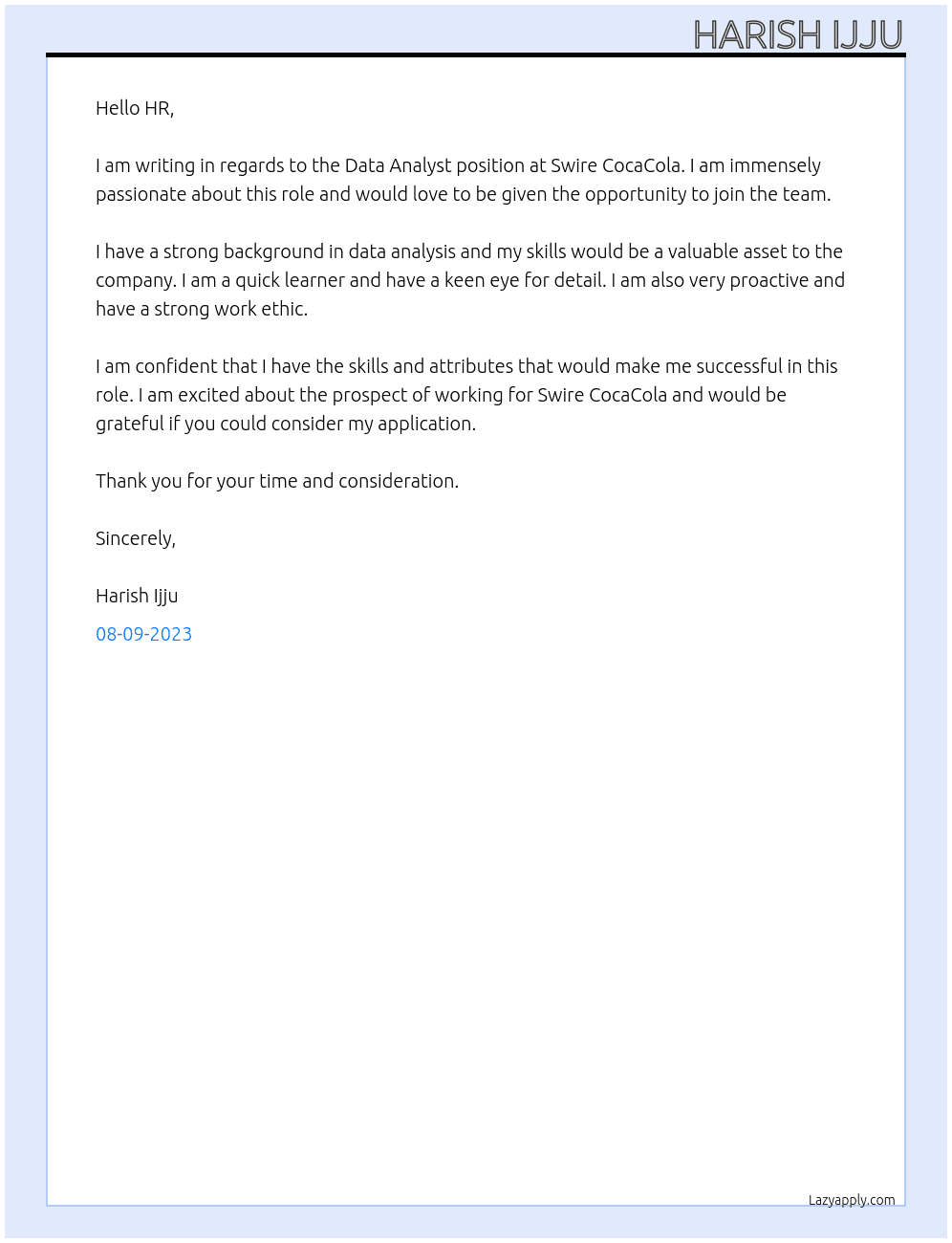 Data Analyst At Swire CocoCola Cover Letter