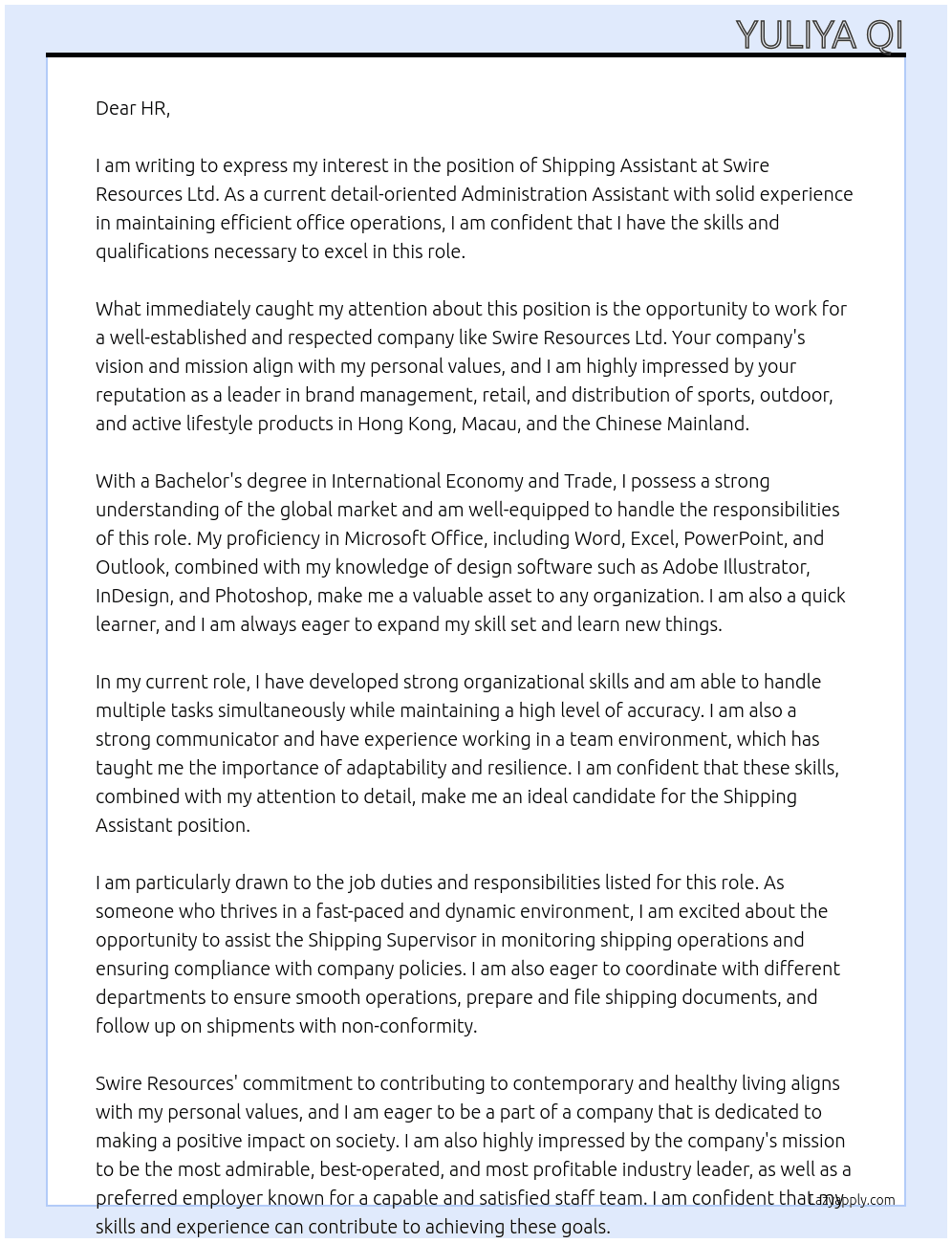Shipping Assistant At Swire Resources Ltd Cover Letter