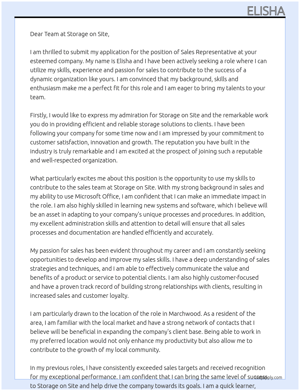 Sales Representative  At Storage on site  Cover Letter