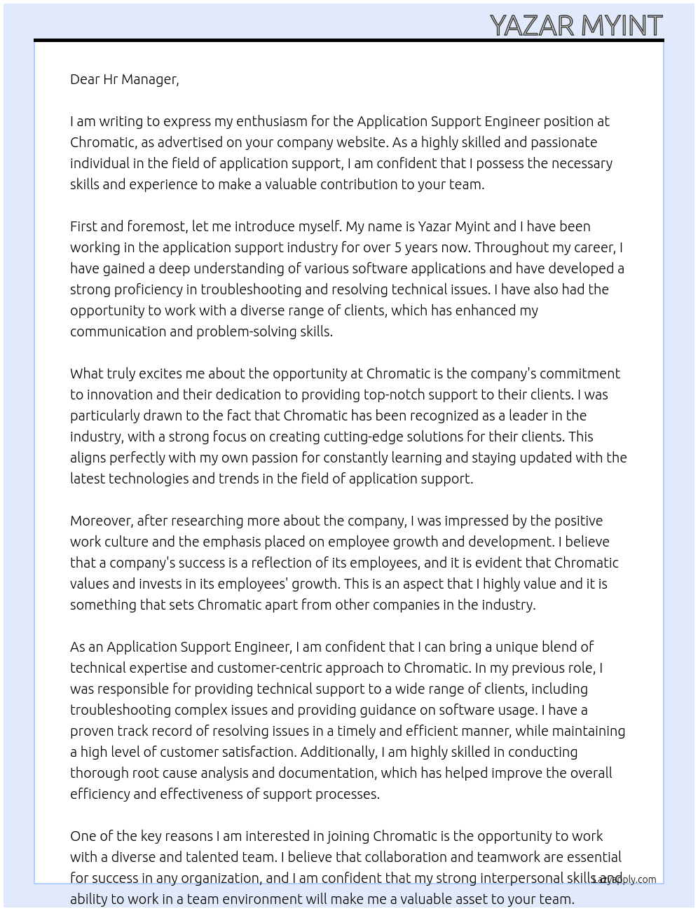Application Support Engineer At Chromatic Cover Letter