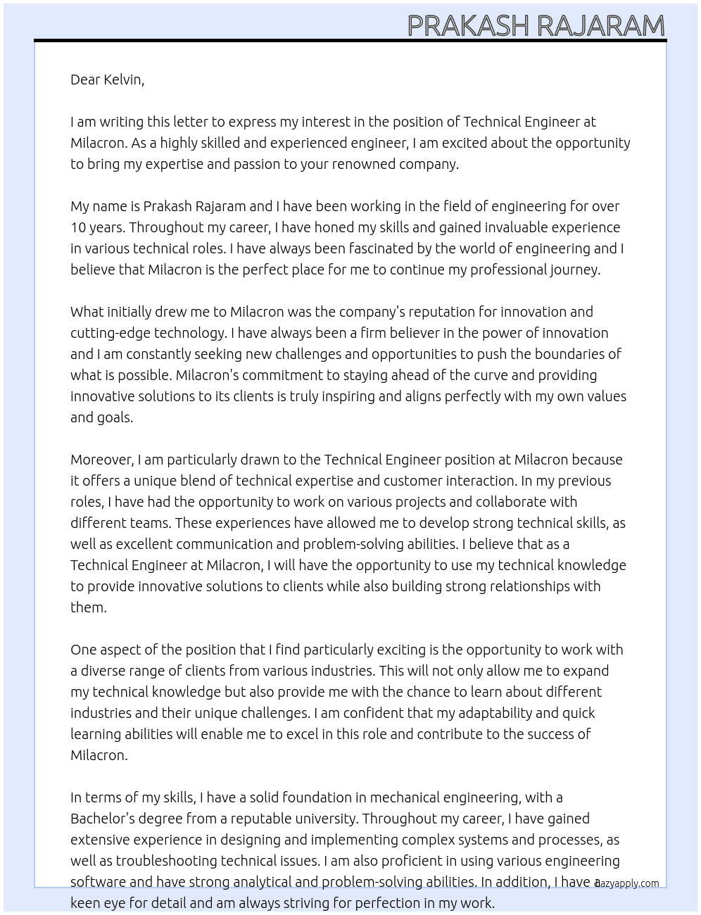 Technical engineer At Milacron Cover Letter