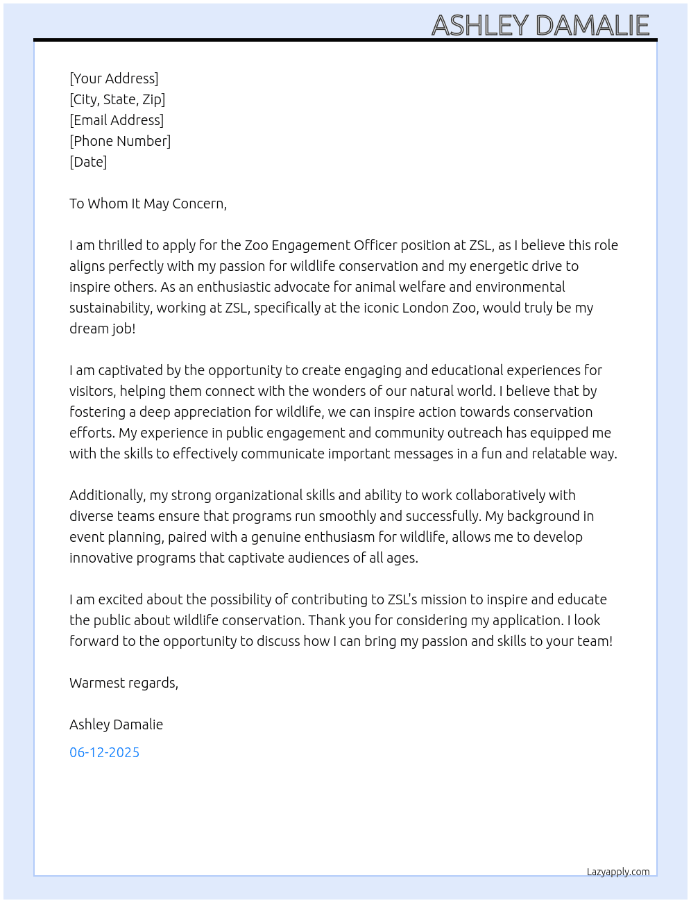 Zoo engagement officer  At Zsl Cover Letter