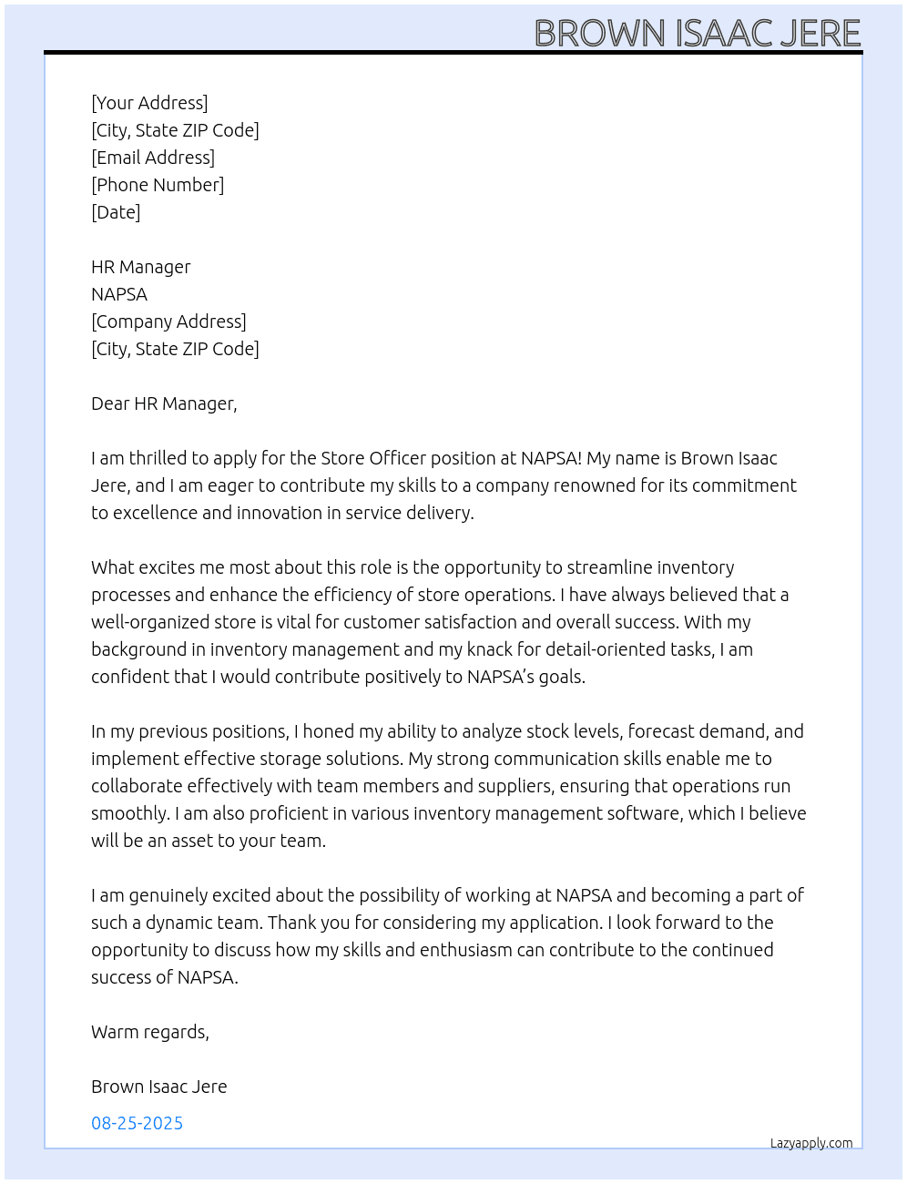 STORE OFFICER At NAPSA Cover Letter