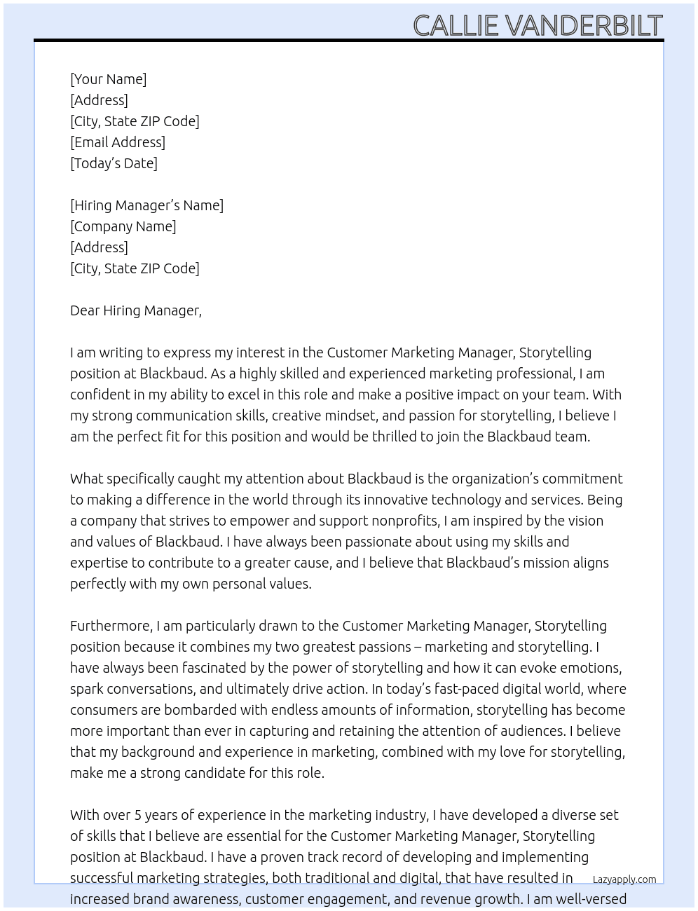 Customer Marketing Manager, Storytelling At Blackbaud Cover Letter