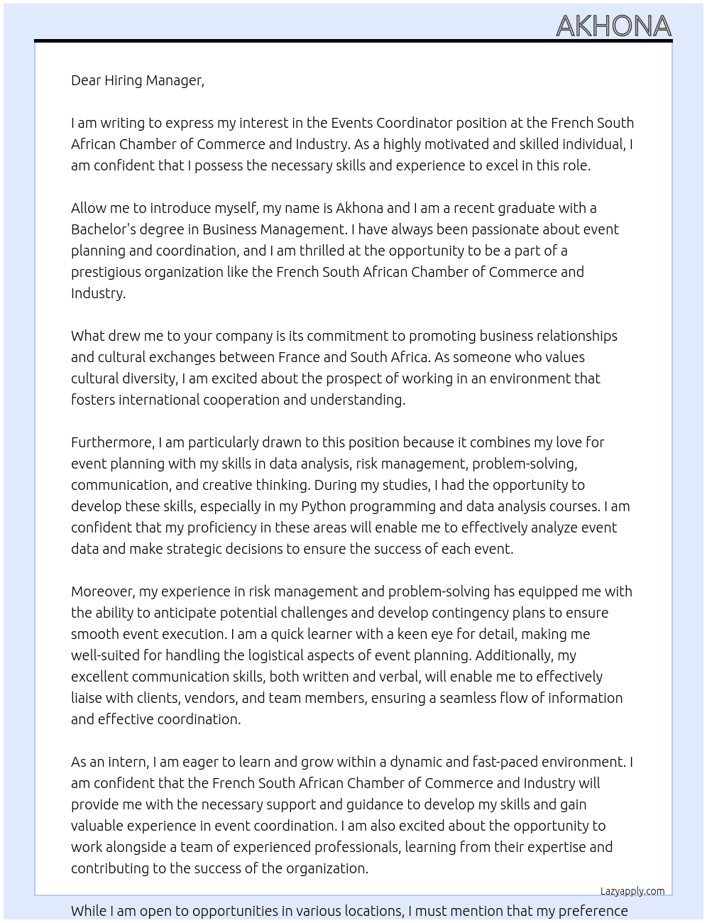 events coordinator At French South African Chamber of Commerce and Industry Cover Letter