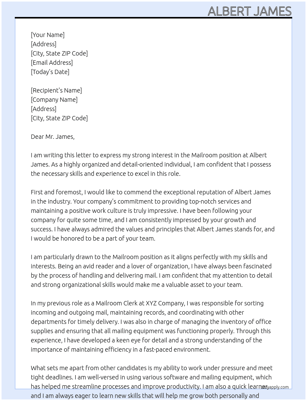 Mailroom At Albert James Cover Letter