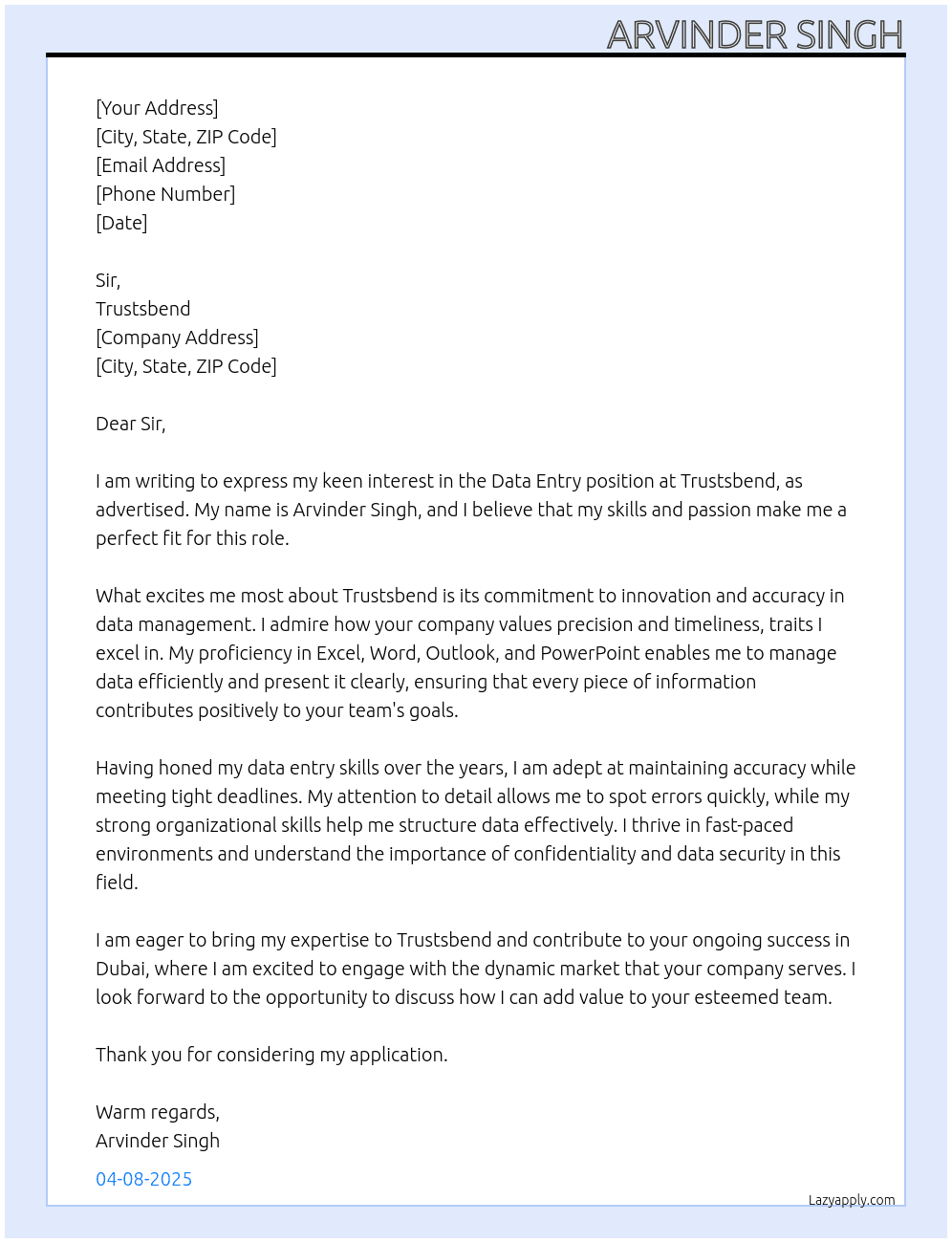 Data Entry  At Trustsbend  Cover Letter