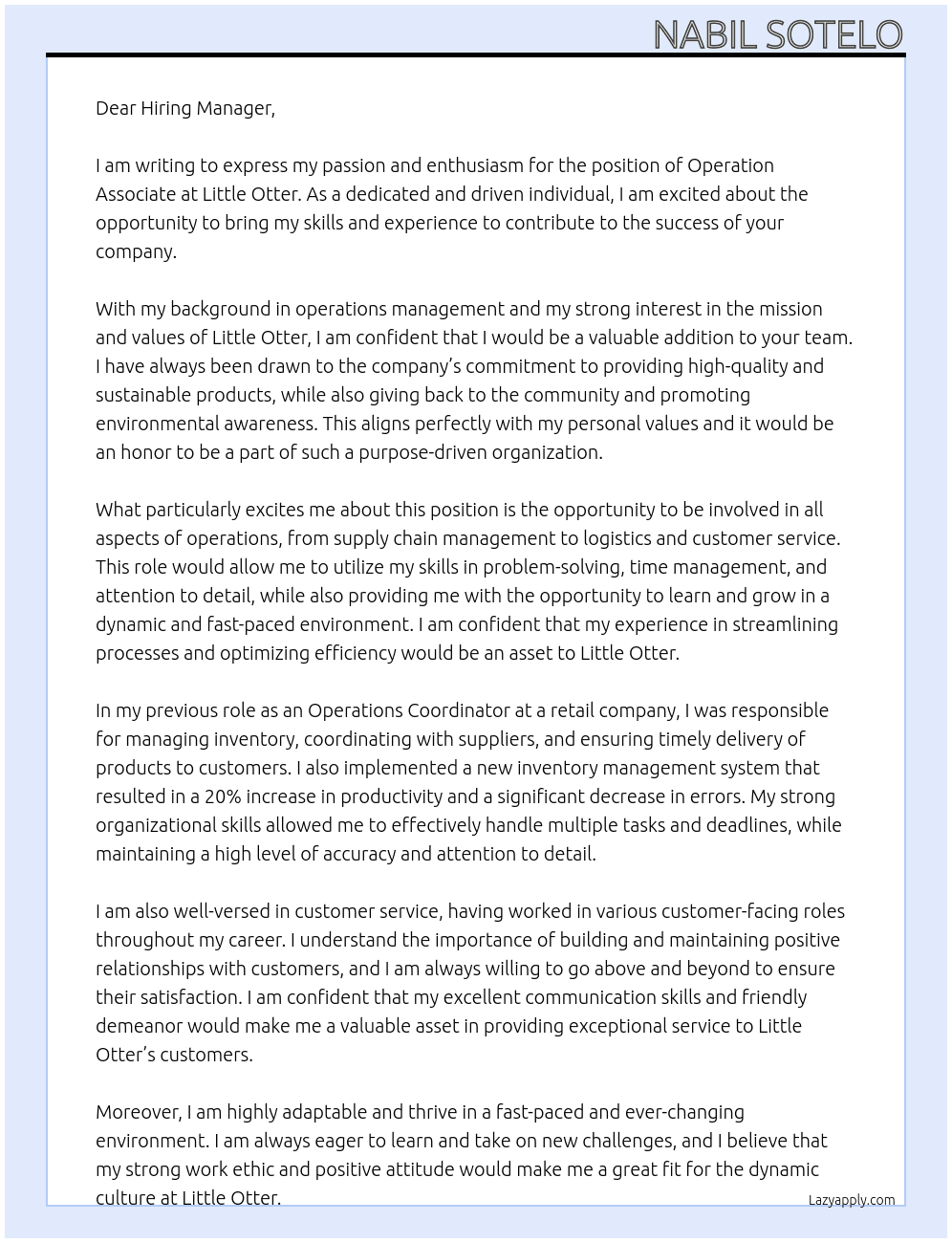Operation Associate At Little otter Cover Letter