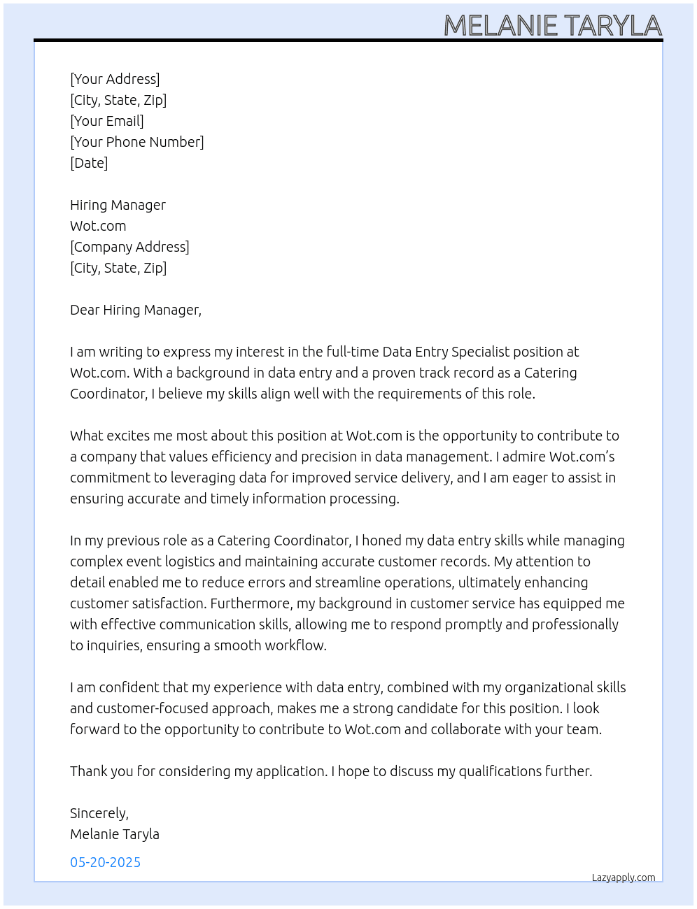 Data entry specialist  At Wot.com Cover Letter