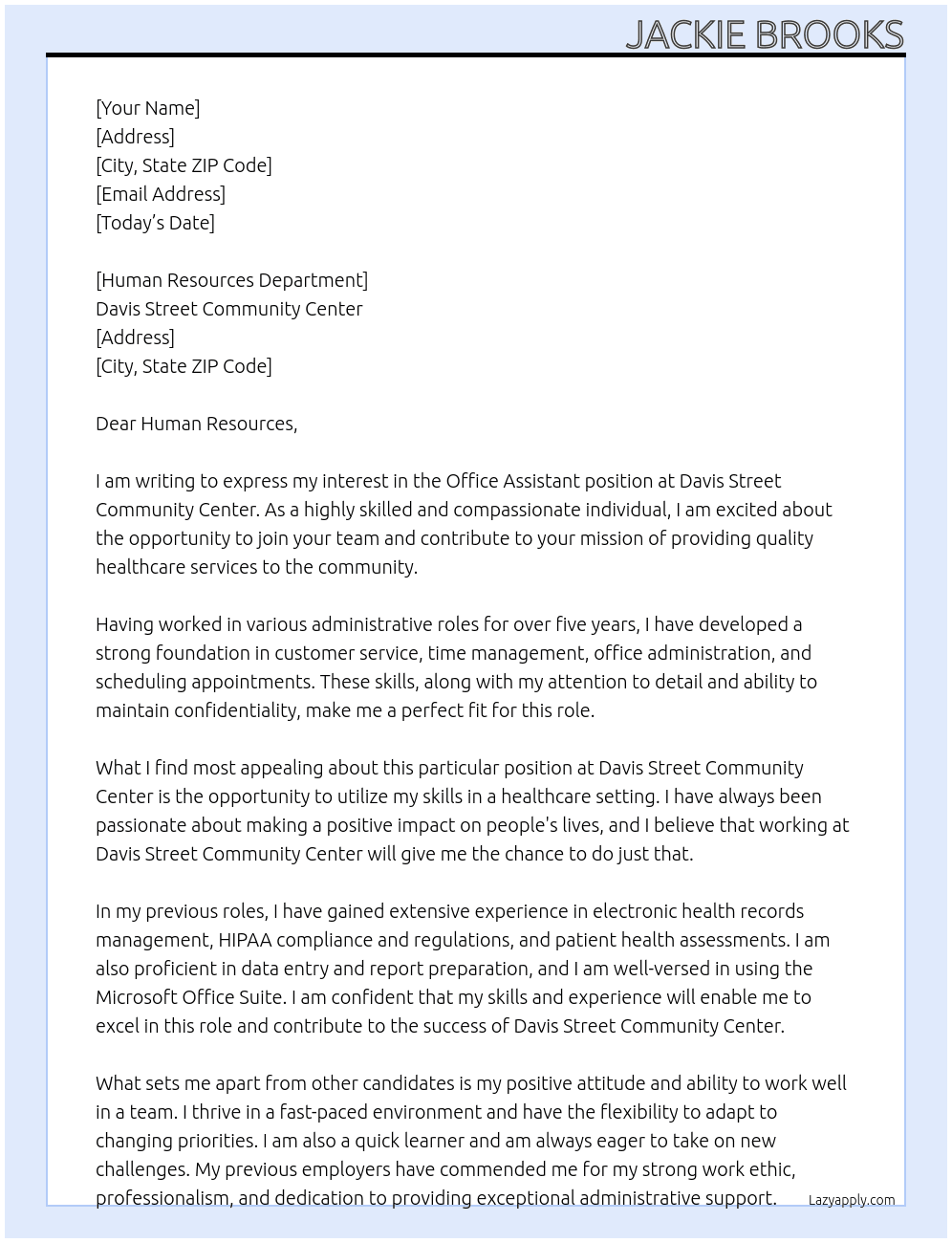 Office Assistant At Davis Street Community Center Cover Letter