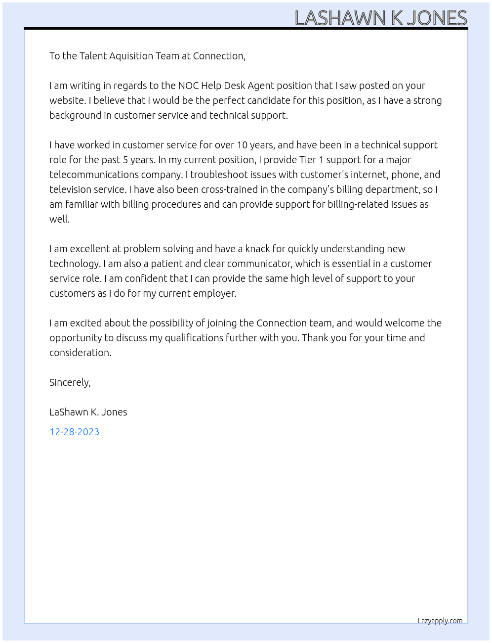 NOC Help Desk Agent At Connection Cover Letter