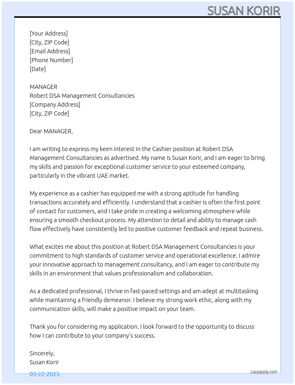 CASHIER At ROBERT DSA MANAGEMENT CONSUTUNCIES Cover Letter