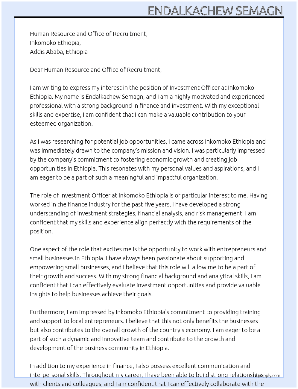 Investment officer At Inkomoko Ethiopia Cover Letter