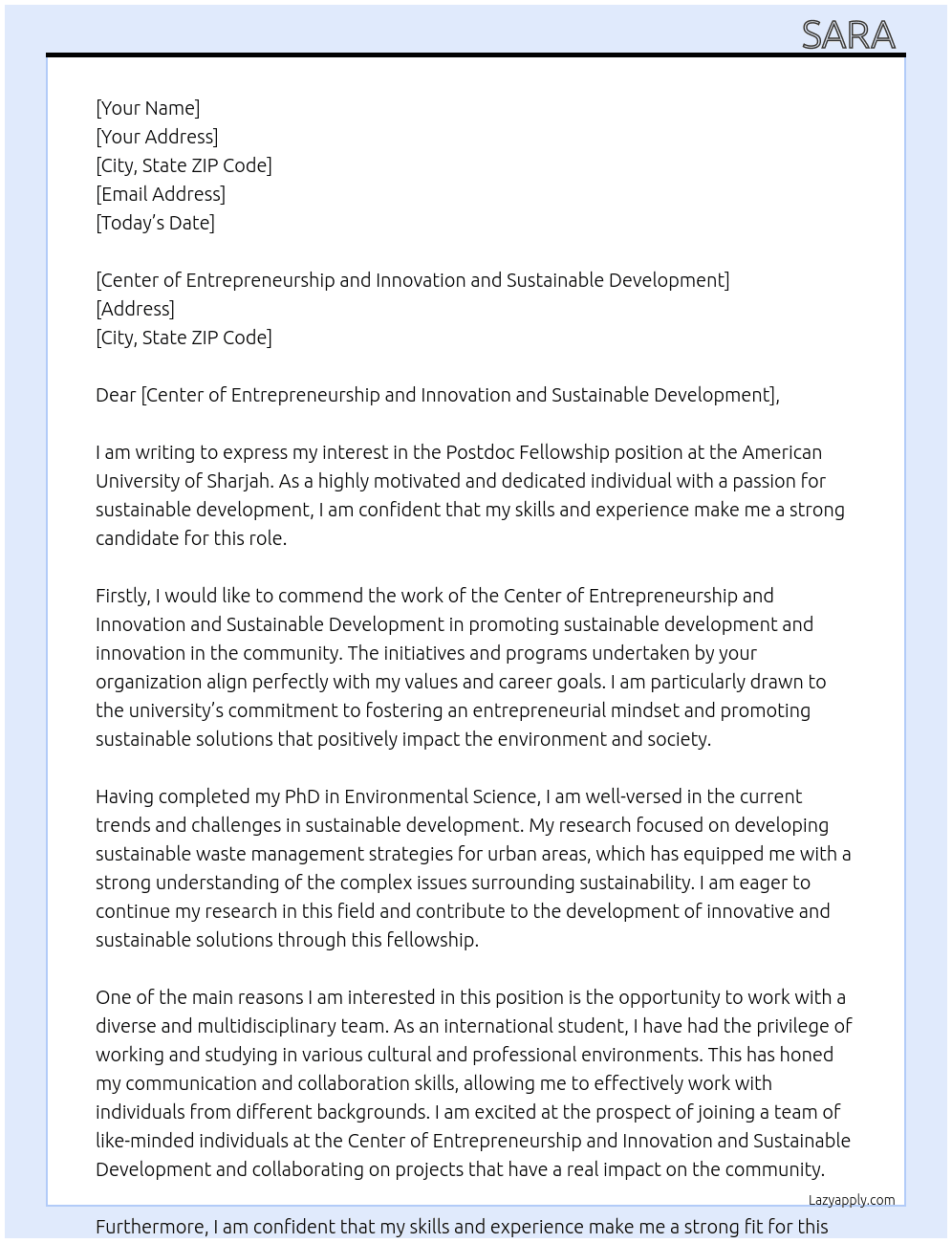 POSTDOC FELLOWSHIP  At AMERICAN UNIVERCITY OF SHARJAH  Cover Letter