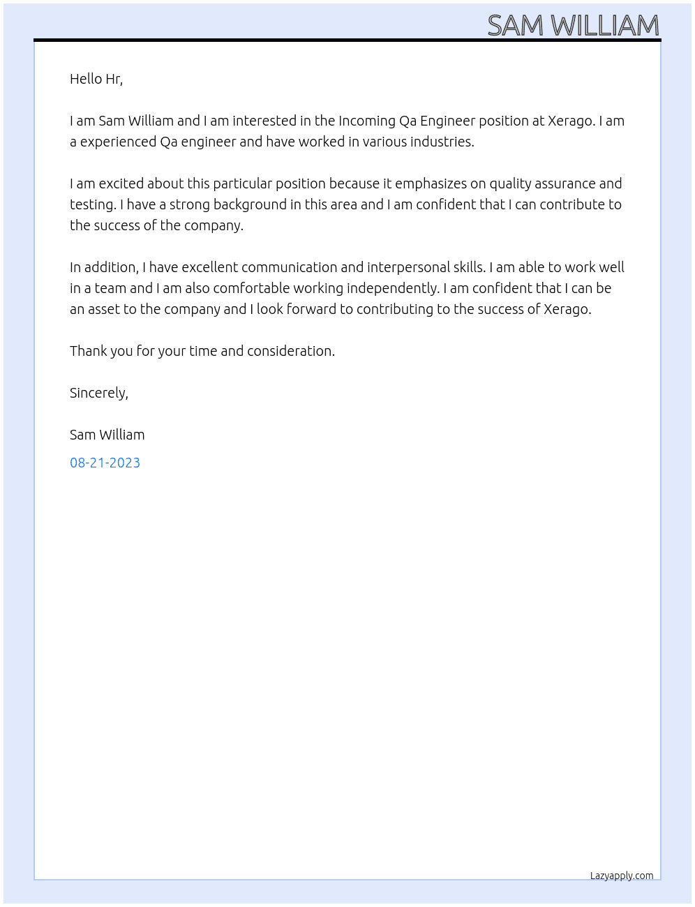 Incoming Qa Engineer  At Xerago Cover Letter