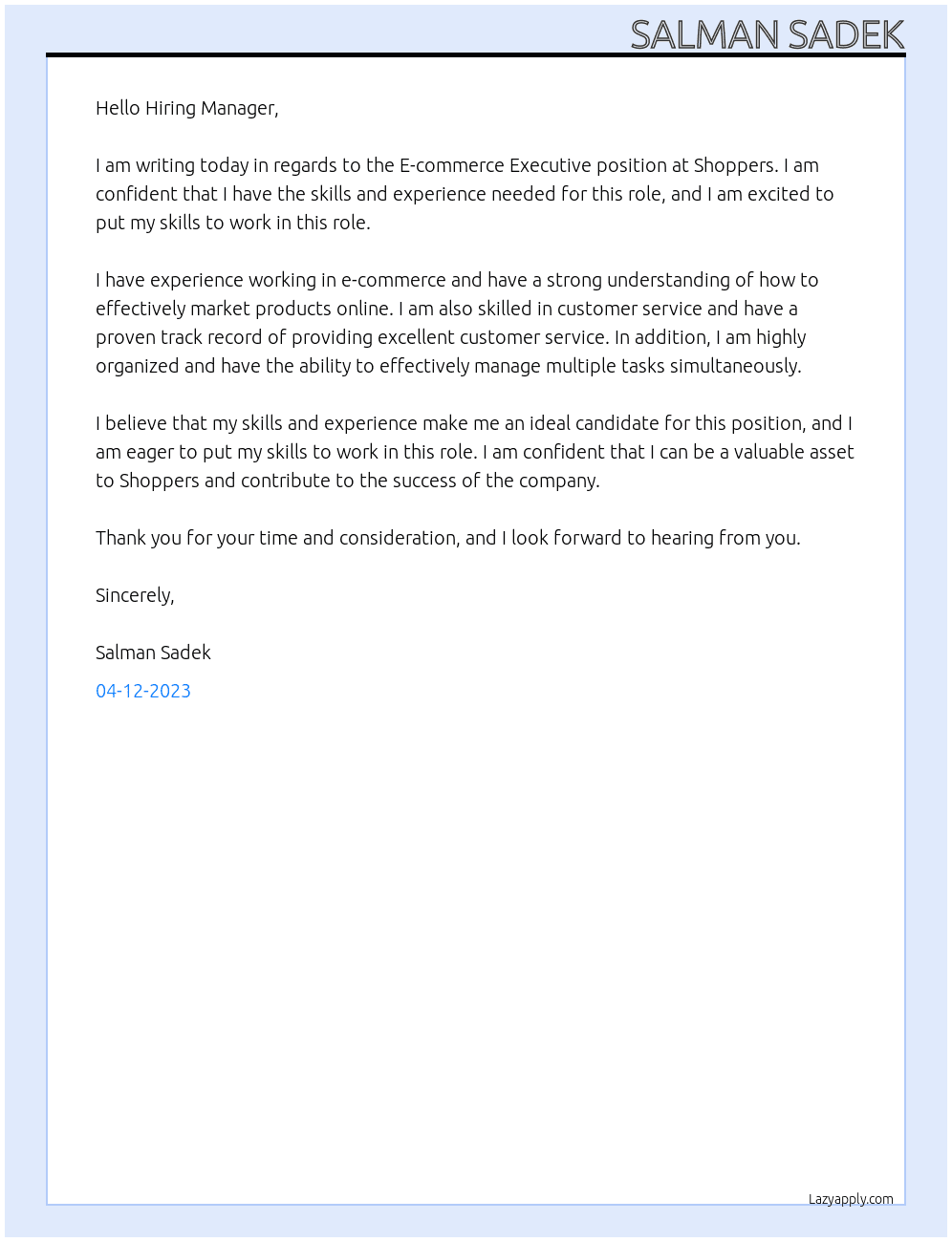E-commerce Executive At Shoppers Cover Letter