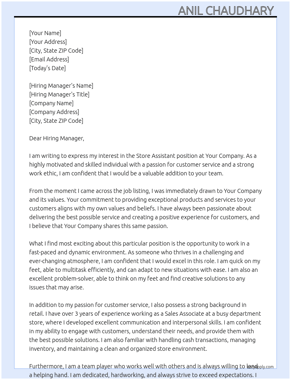 Store assistant  At Your company  Cover Letter