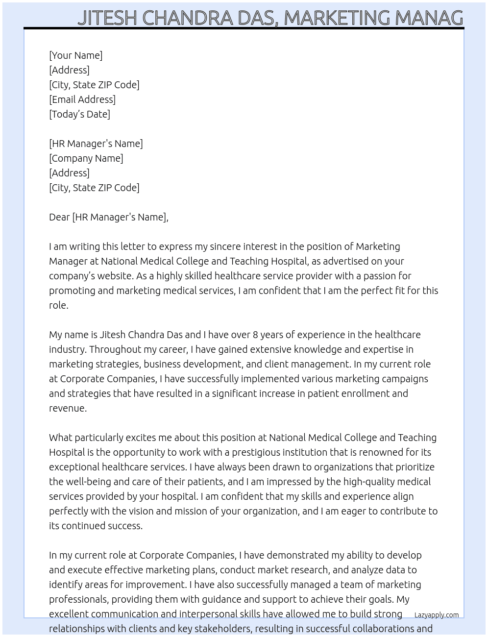 National Medical College and Teaching Hospital At Corporate Companies Cover Letter
