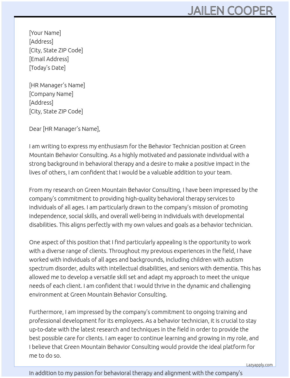 Behavior Technician  At Green Mountain Behavior Consulting Cover Letter