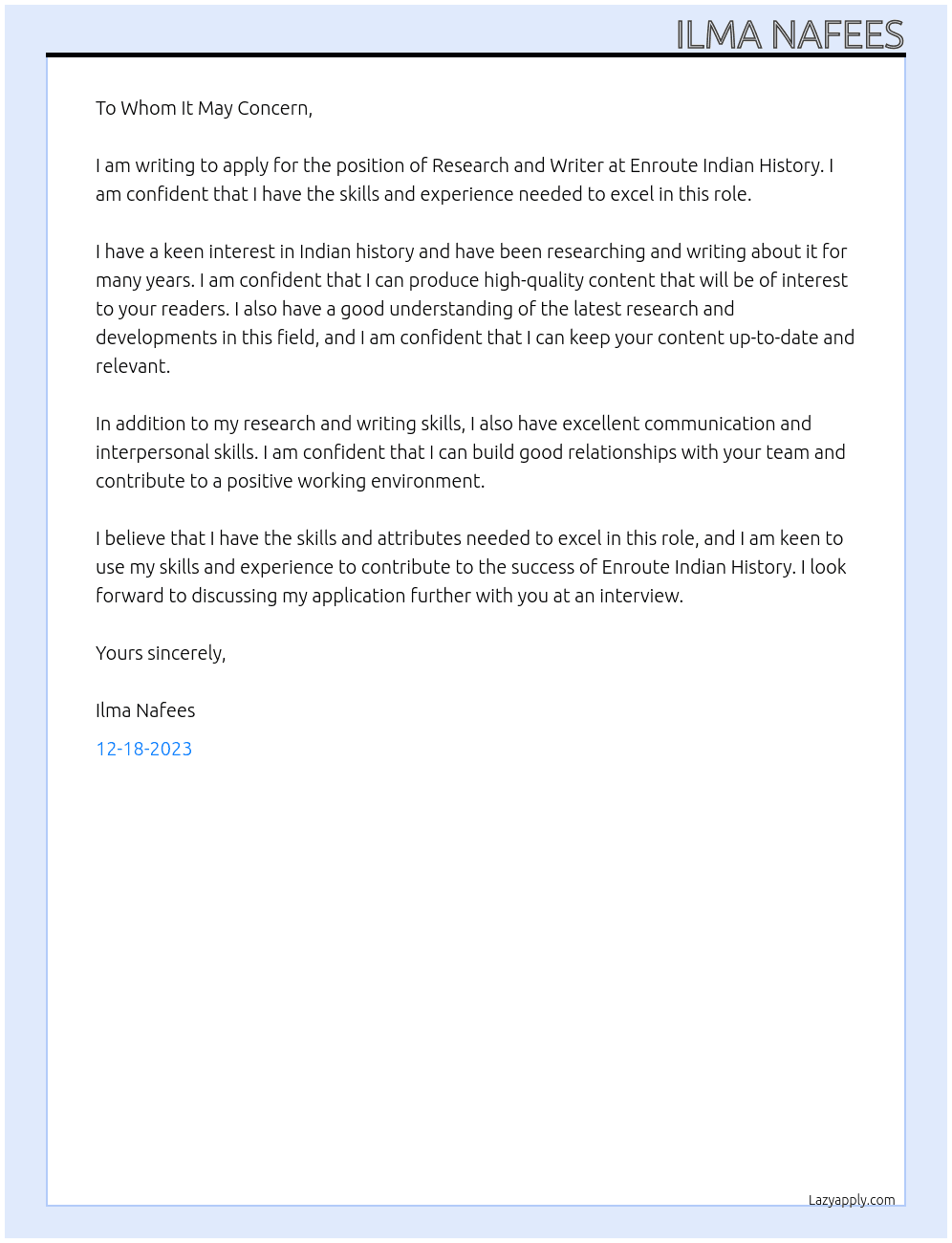 Research and writer At Enroute indian history Cover Letter