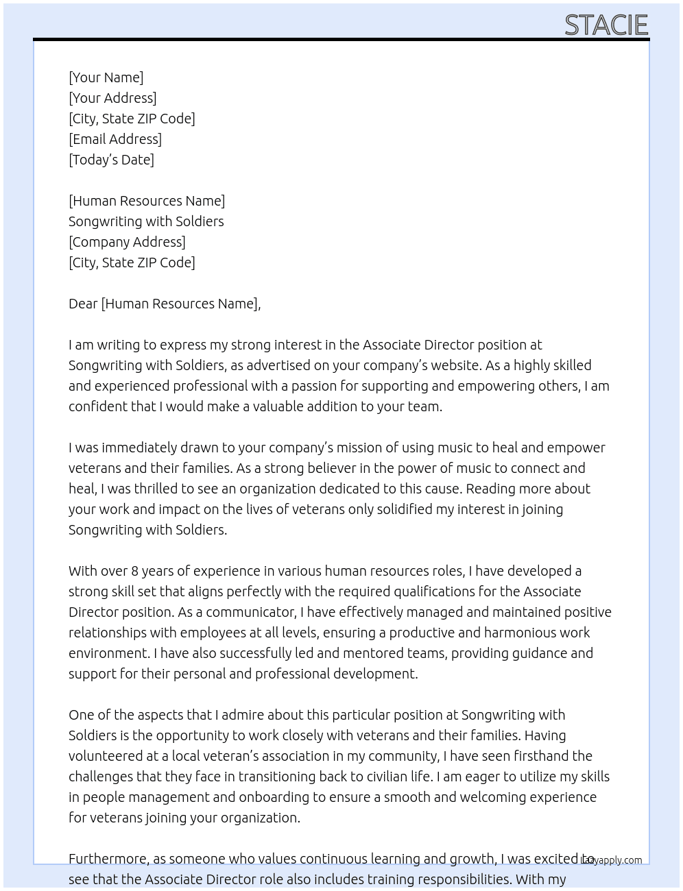 associate director At Songwriting with Soldiers Cover Letter