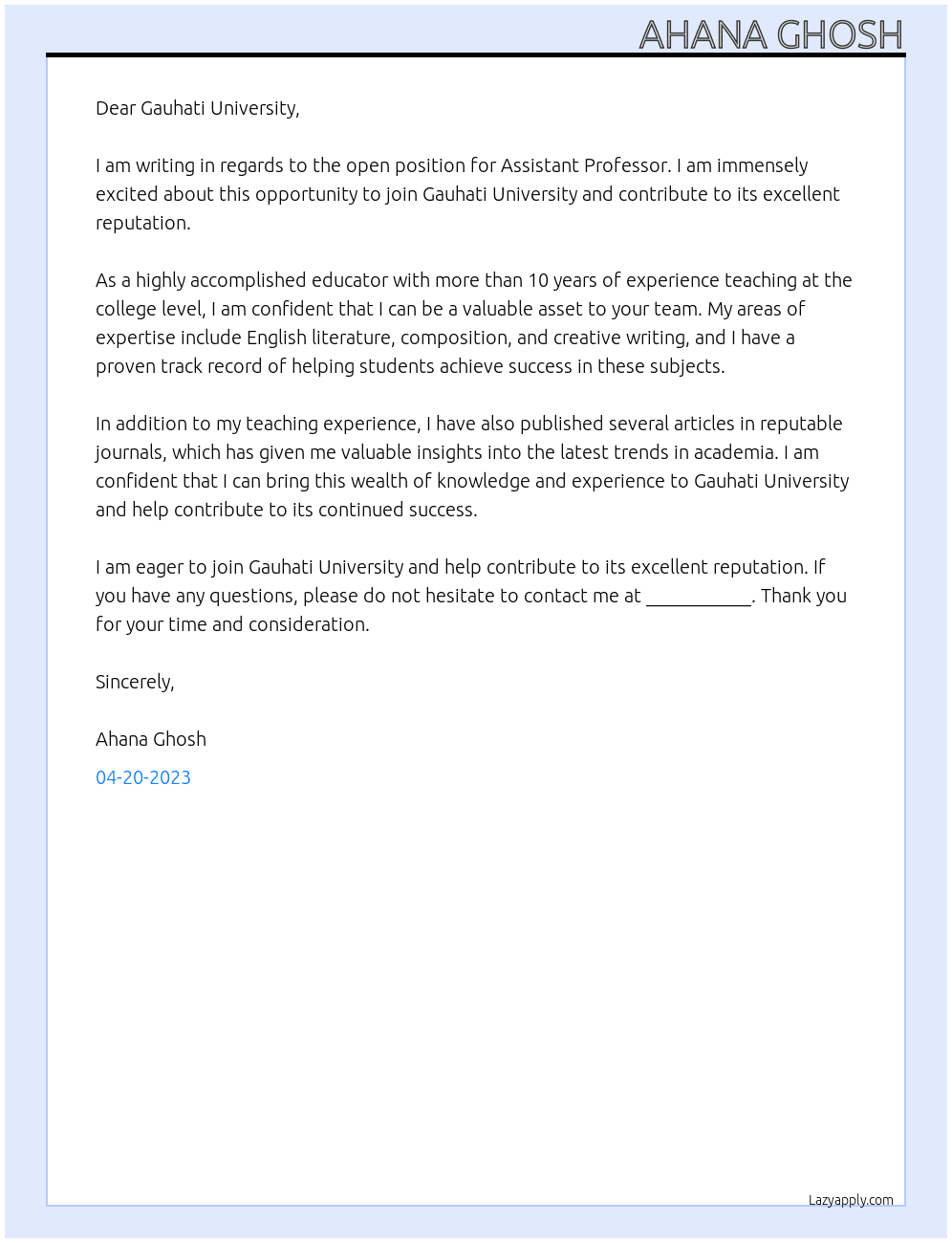 Assistant Professor At Gauhati University Cover Letter